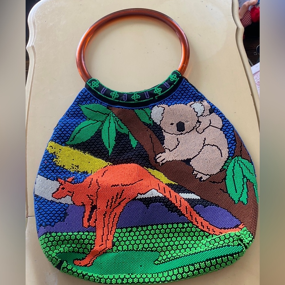 Vintage Plastic beaded Koala kangaroo hoop handle bag